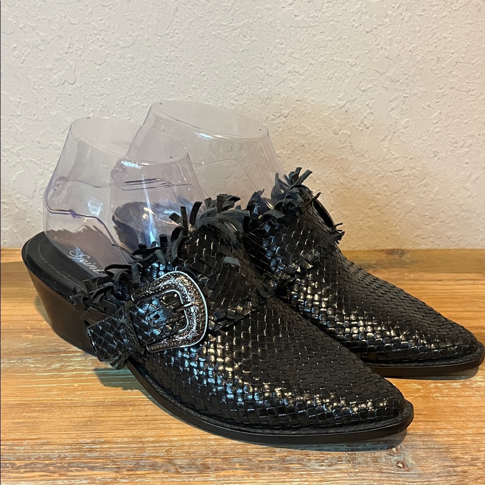 Saint G Black Woven Fringe Mule with Silver Western Buckle  size 7